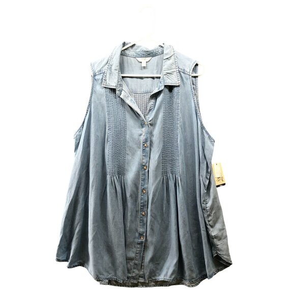 NWT Terra Sky Sleeveless Chambray Button Up Shirt Womens 2X Blue Pintuck - Picture 1 of 9